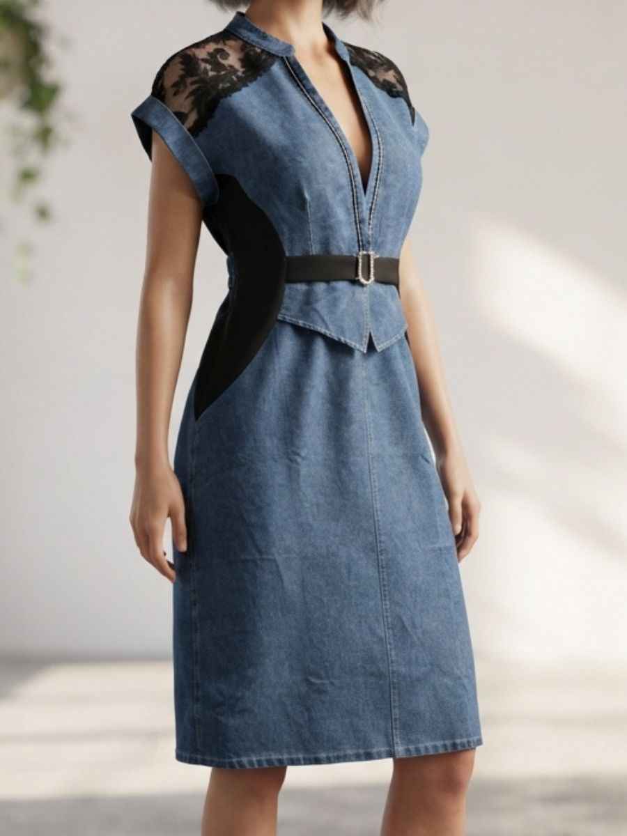 ModaFesta -blue-denim-lace-accent-waist-belt-dress
