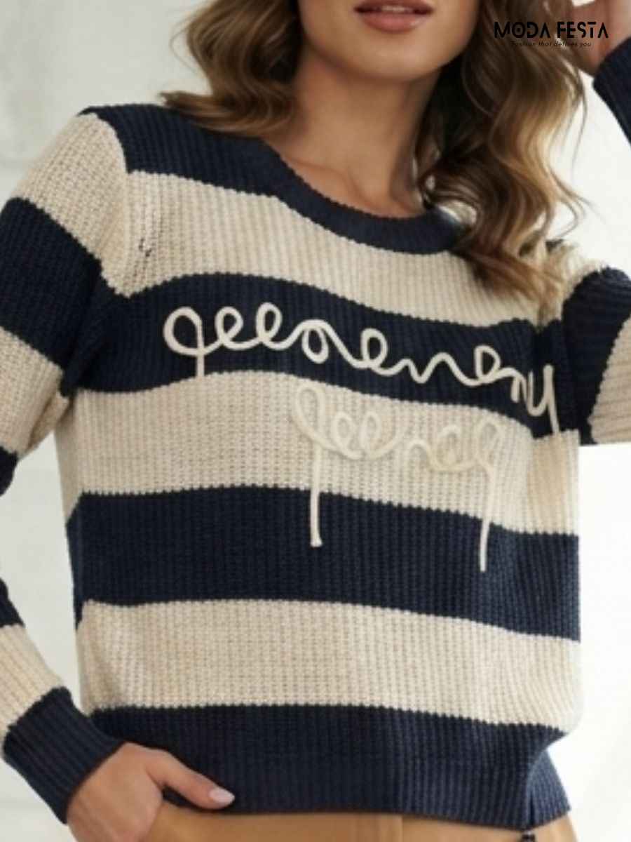 Navy and Off-White Striped Crew Neck Knitted Top with Front Embroidery