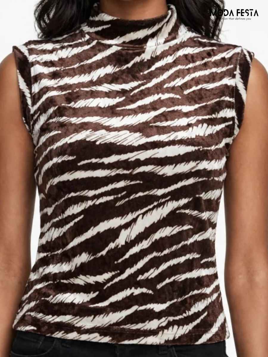 Brown and White Zebra Print Mesh Mock Neck Top