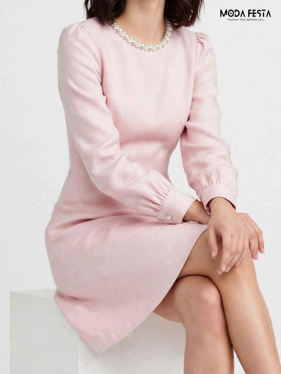 ModaFesta -pearl-collar-long-sleeve-pink-mini-dress