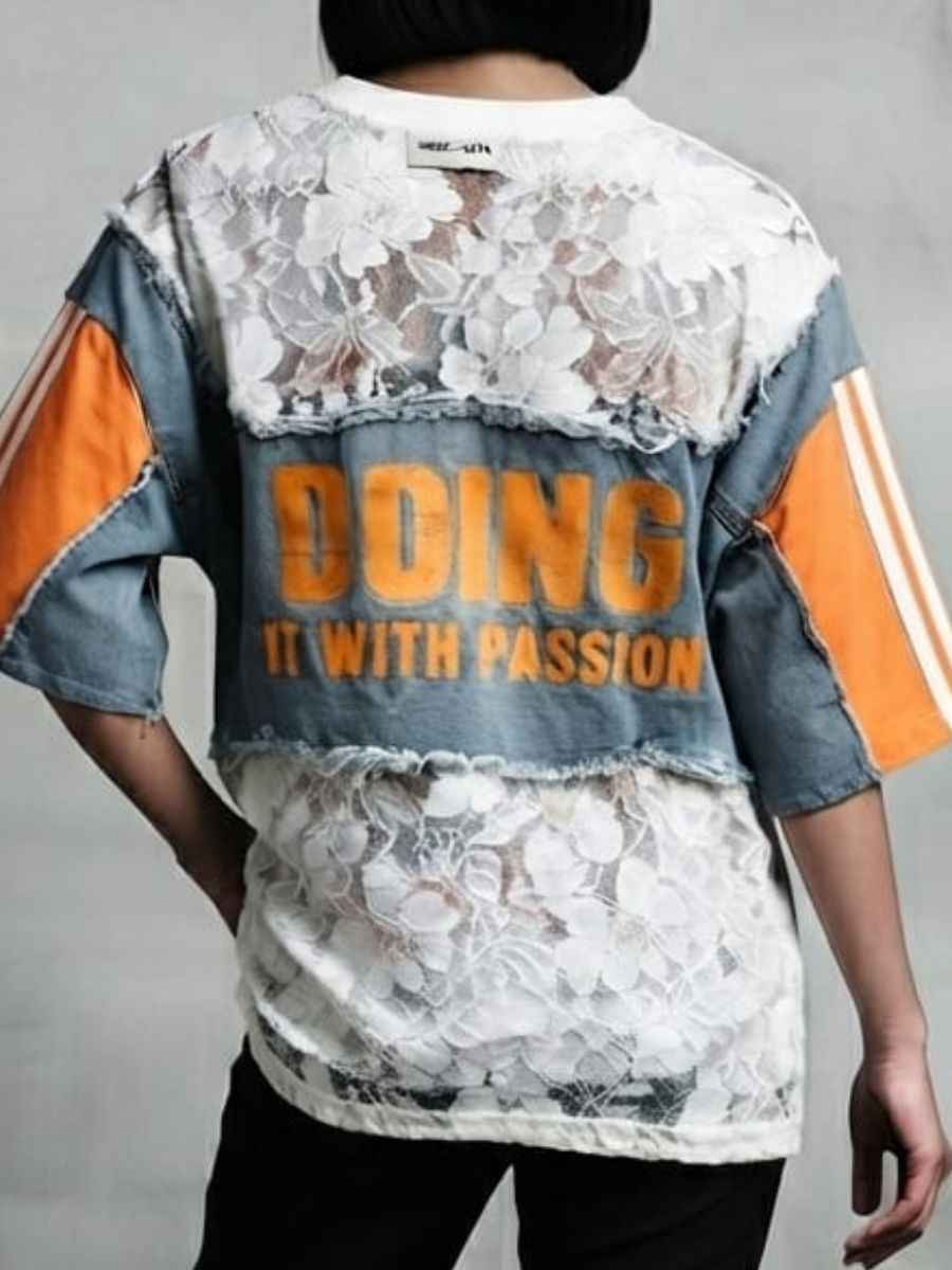 ModaFesta -yellow-white-patchwork-denim-lace-statement-top