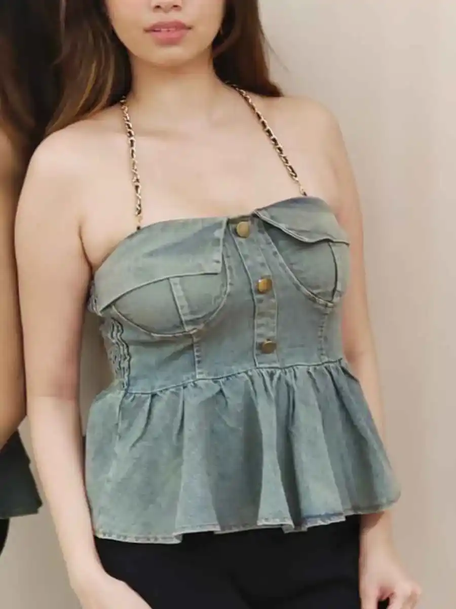 ModaFesta -chain-halter-neck-denim-top-green