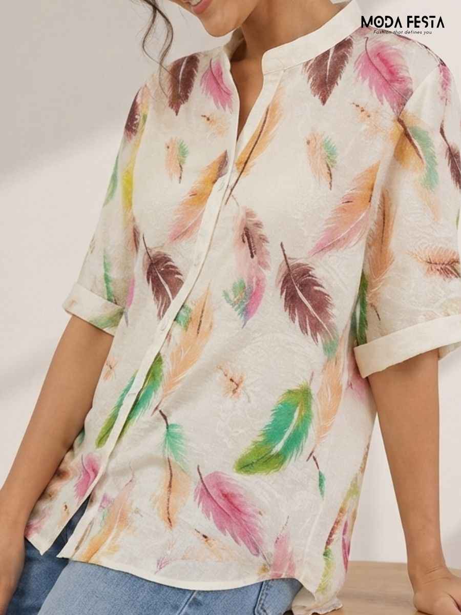 ModaFesta -ivory-multi-feather-print-short-sleeve-top