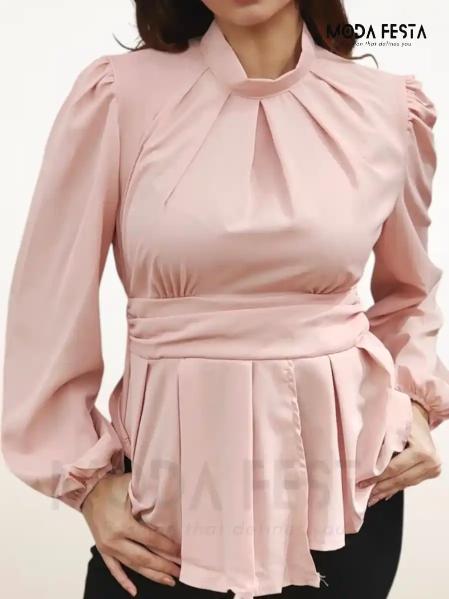 ModaFesta -pink-high-neck-peplum-top
