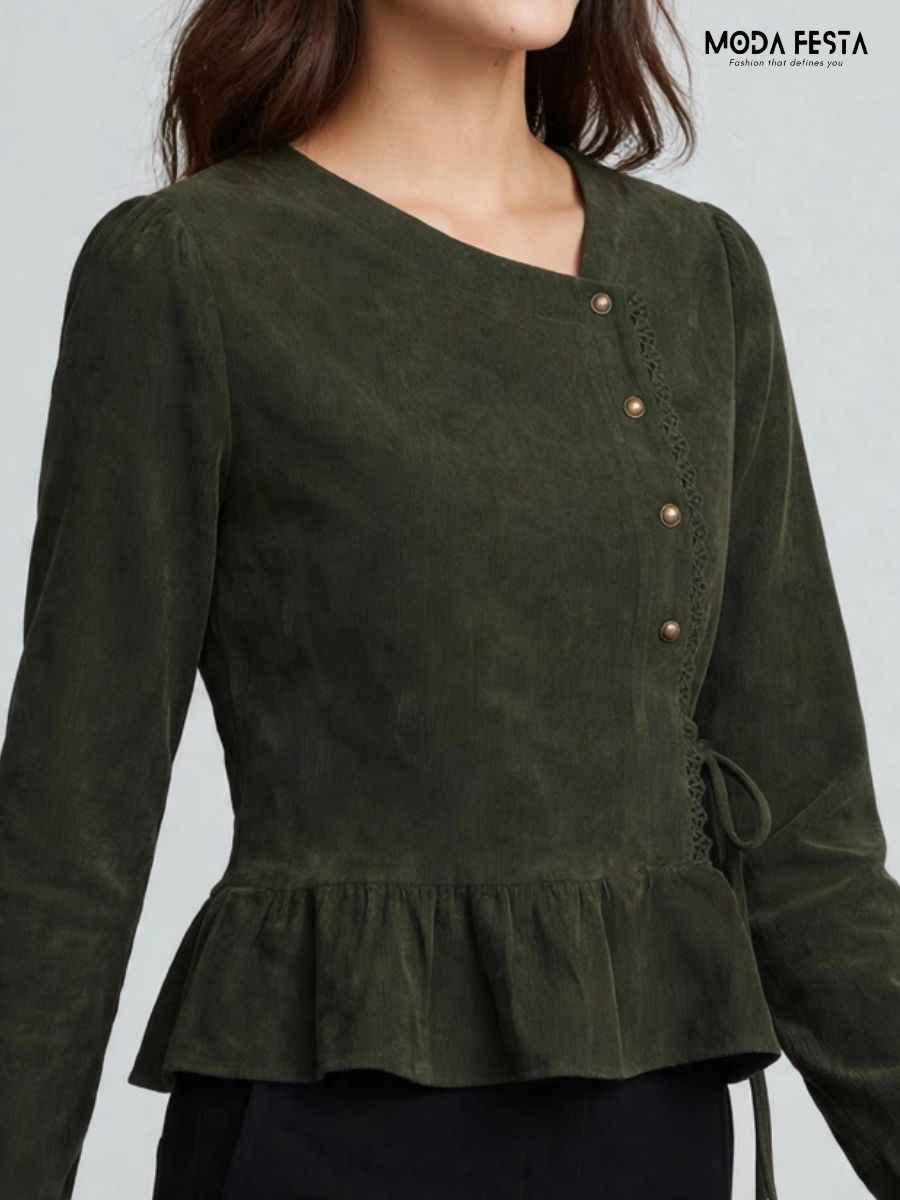 ModaFesta -corduroy-asymmetrical-button-side-tie-peplum-top