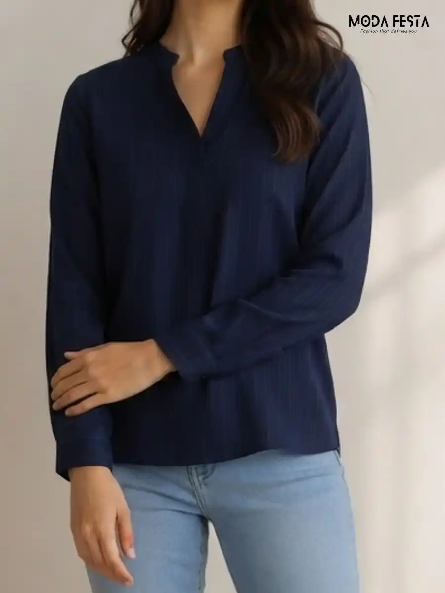 ModaFesta -navy-blue-striped-v-neck-long-sleeve-top