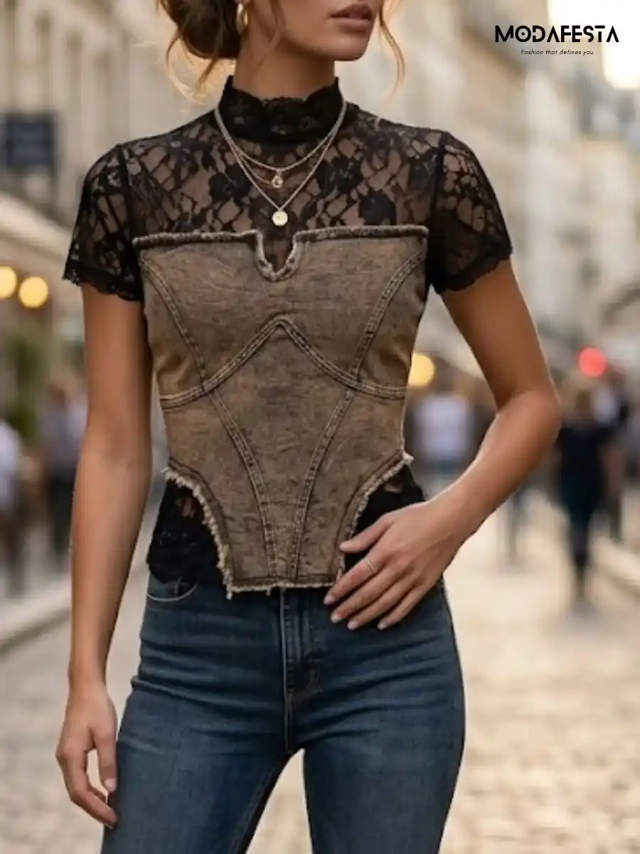 ModaFesta -elegant-denim-corset-lace-high-neck-top-black