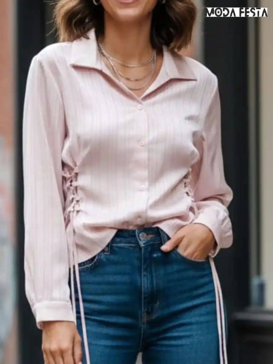 Trendy Pink Stripe Shirt Side Tie Up