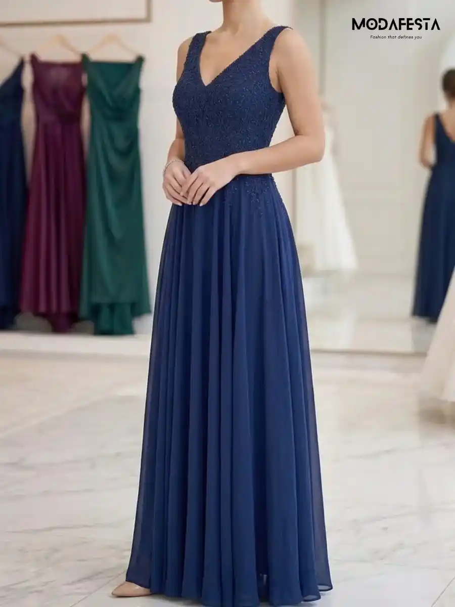 ModaFesta -elegant-v-neck-floral-lace-gown-navy-blue