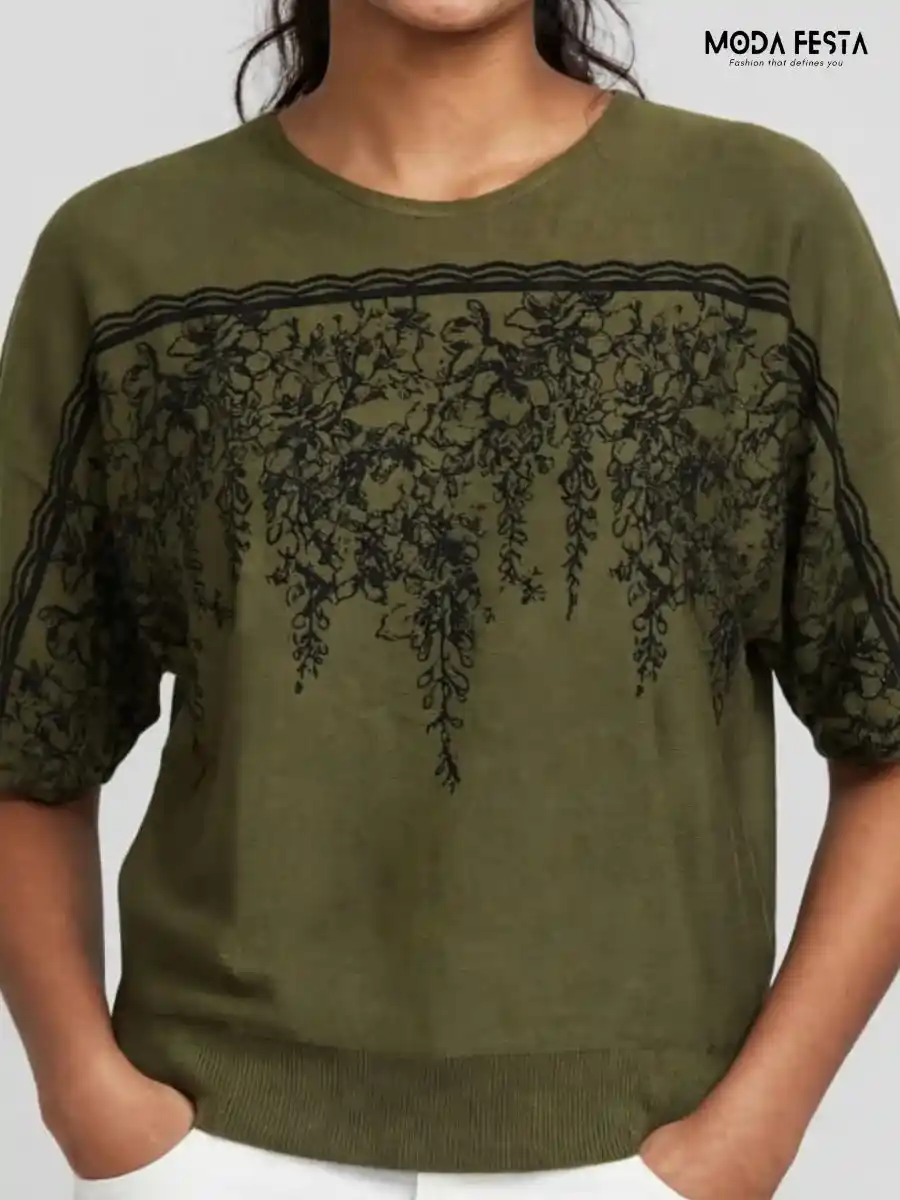 ModaFesta -olive-green-floral-printed-knit-top