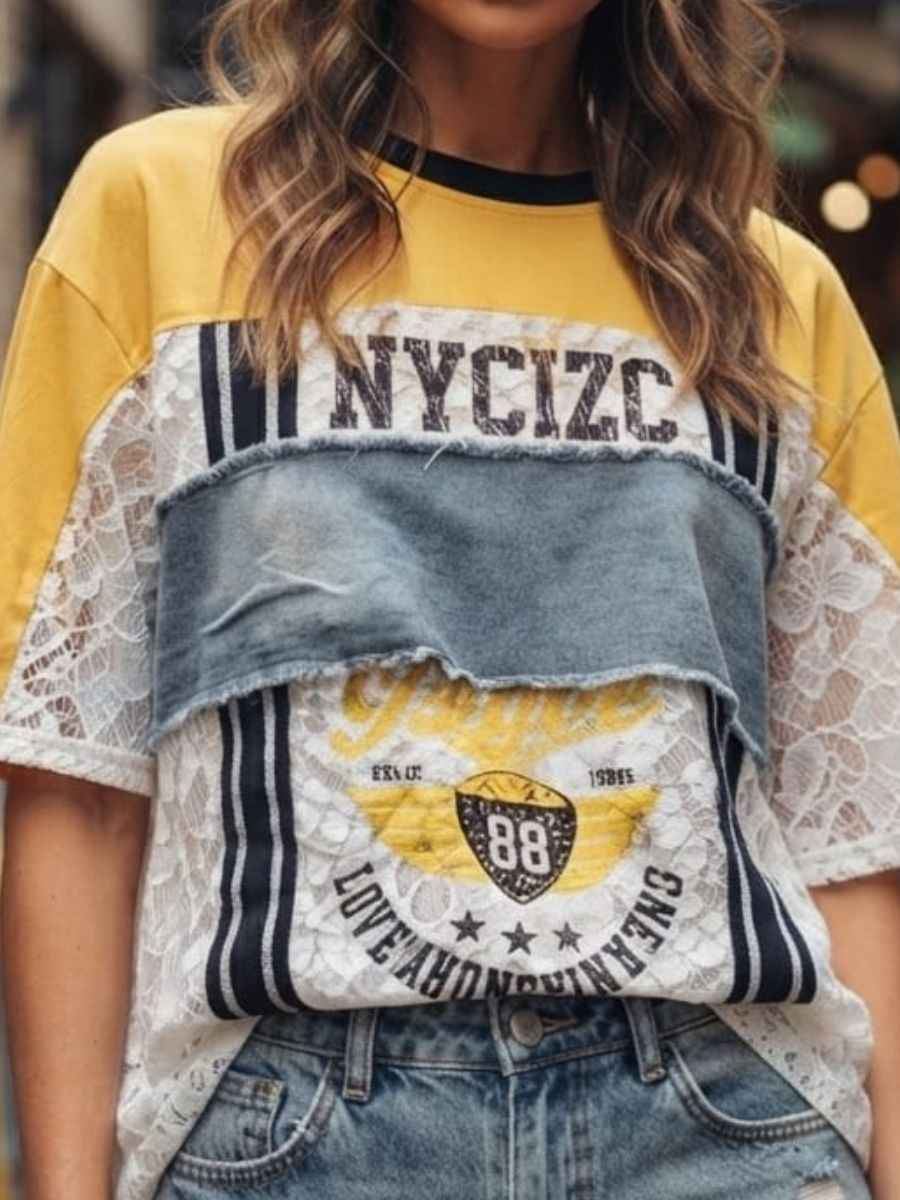 Yellow Patchwork Graphic T-Shirt with Lace and Denim Detail