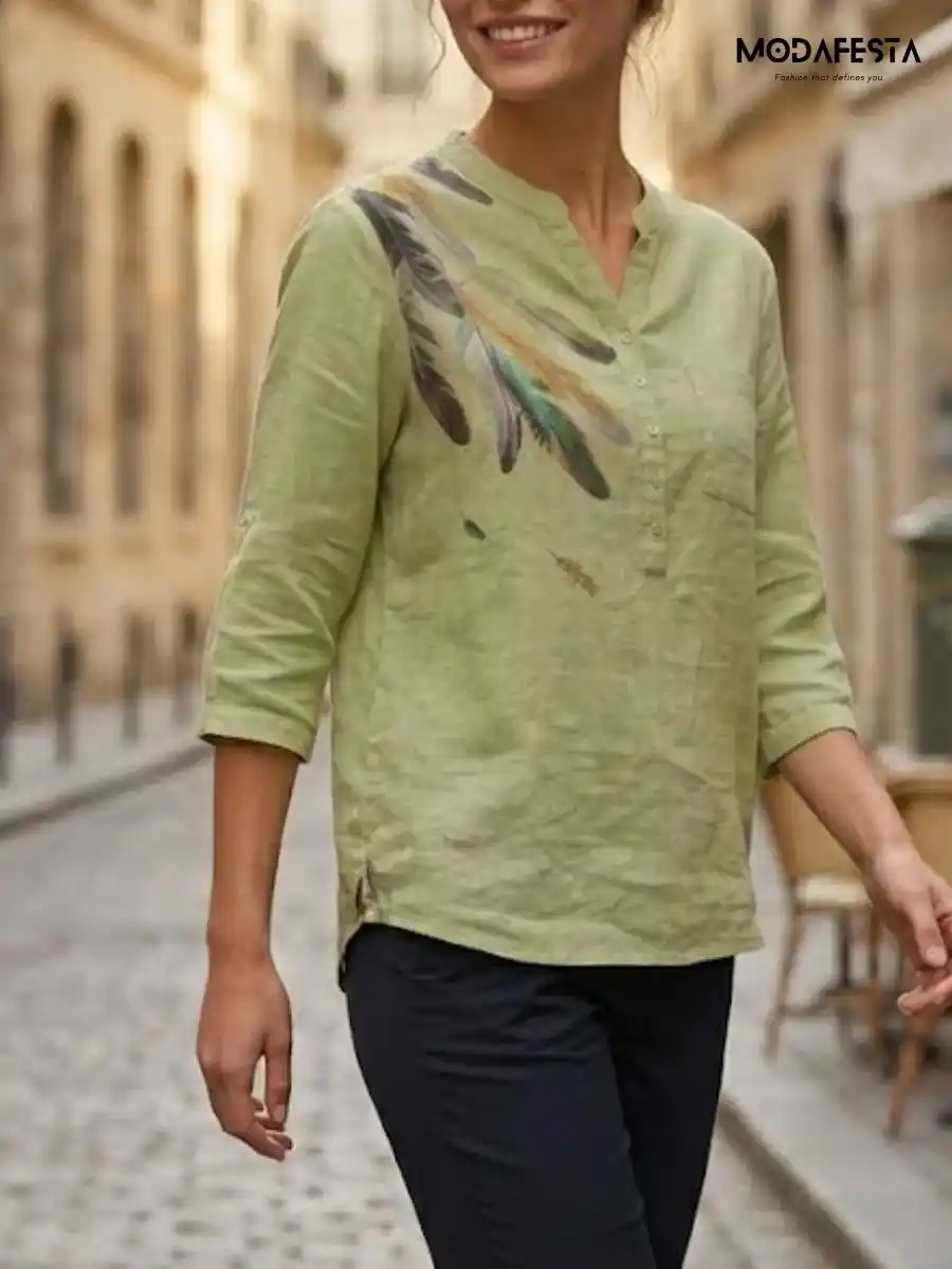 ModaFesta -elegant-linen-top-feather-print-green