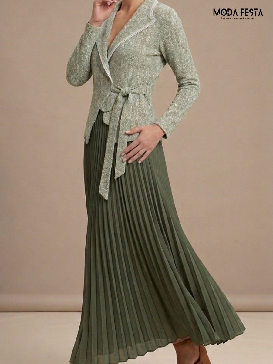 Sage Green Textured Wrap Blazer and Pleated Maxi Skirt Co-ord Set