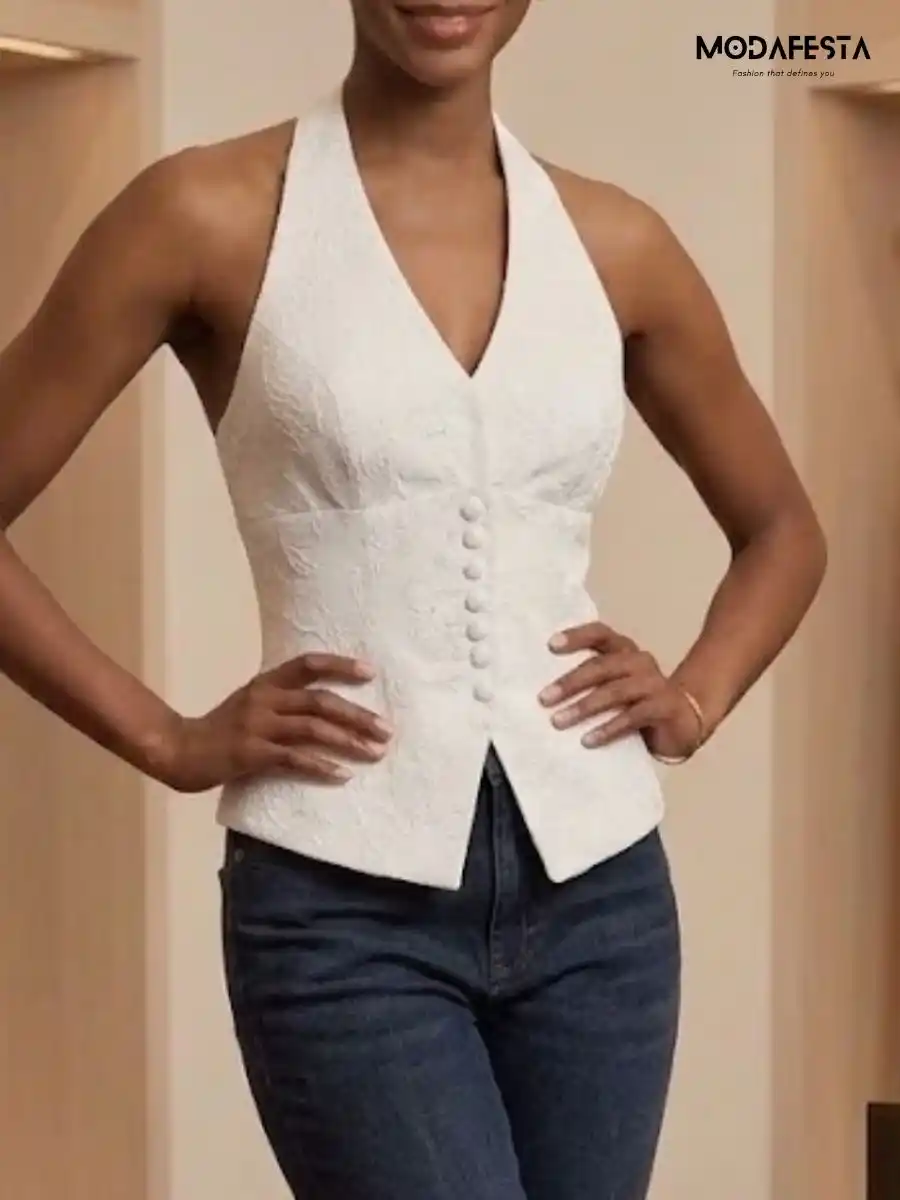 Elegant Self Work Halter Neck Top
