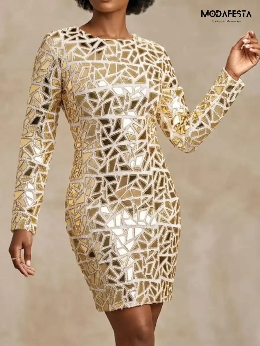 ModaFesta -elegant-short-mirror-work-look-dress-beige