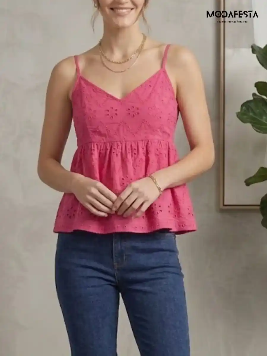 ModaFesta -elegant-cutwork-chikan-spegeti-top-pink