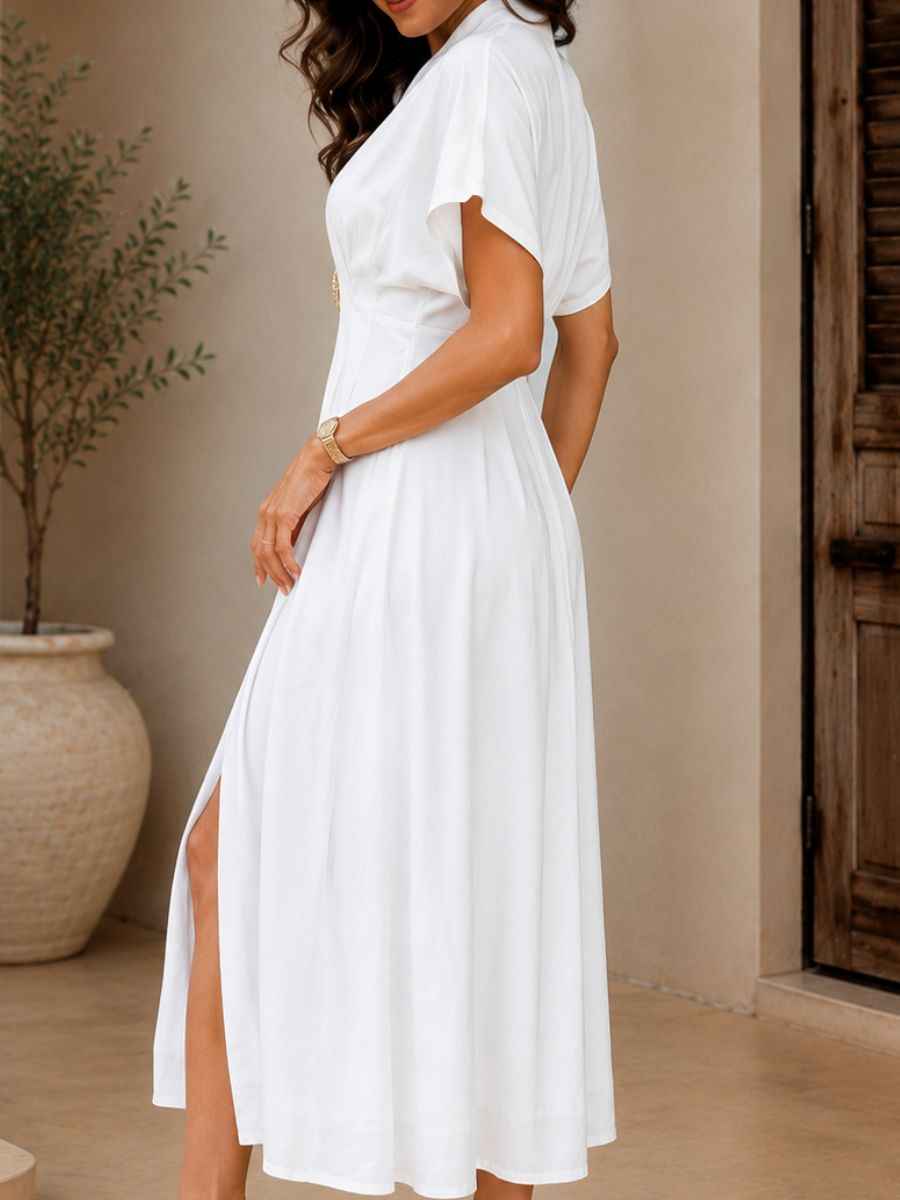 ModaFesta -white-v-neck-pleated-waist-dress