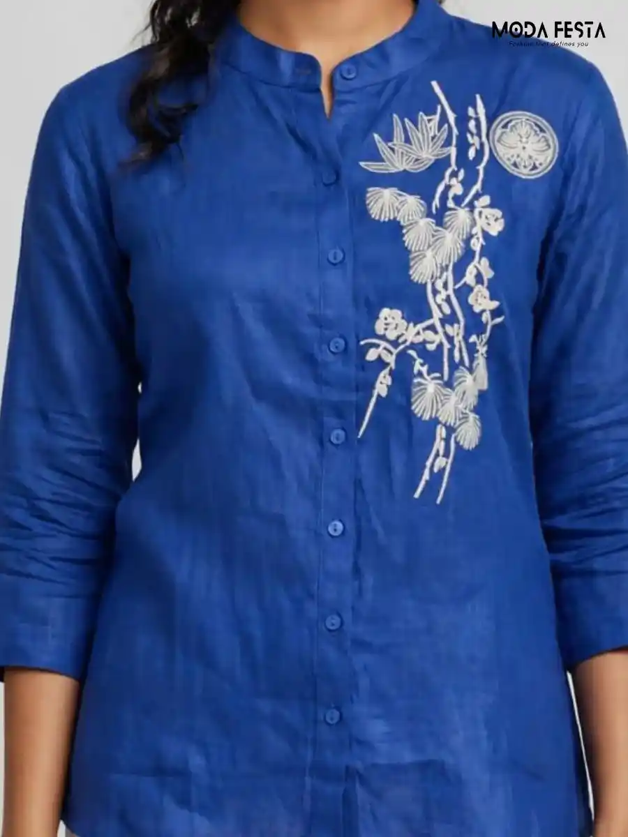 ModaFesta -royal-blue-embroidered-button-down-top