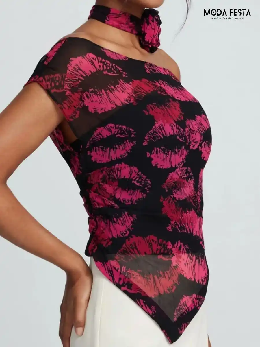 ModaFesta -black-and-pink-lips-print-off-shoulder-top