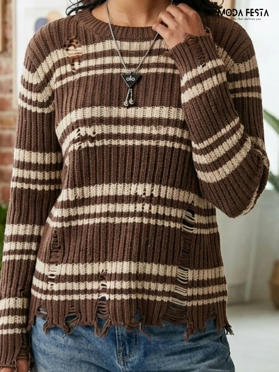 ModaFesta -distressed-striped-knit-sweater