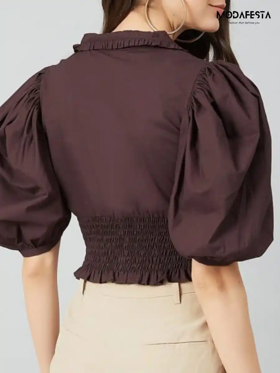 ModaFesta -elegant-tie-up-neck-puff-sleeves-smoke-top-brown