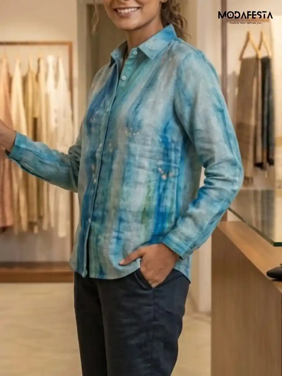 ModaFesta -elegant-abstract-print-linen-shirt-blue