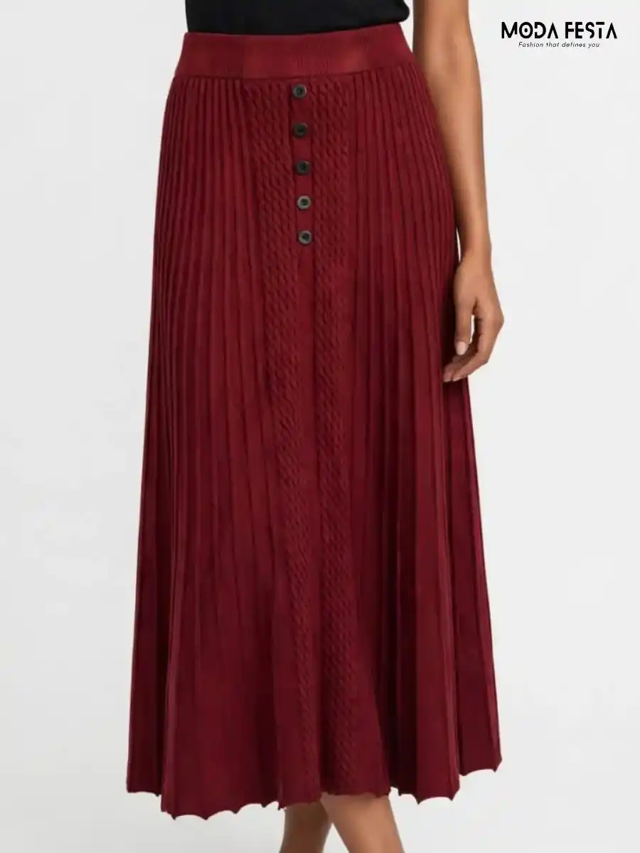 Maroon Ribbed Knit Button-Front Midi Skirt