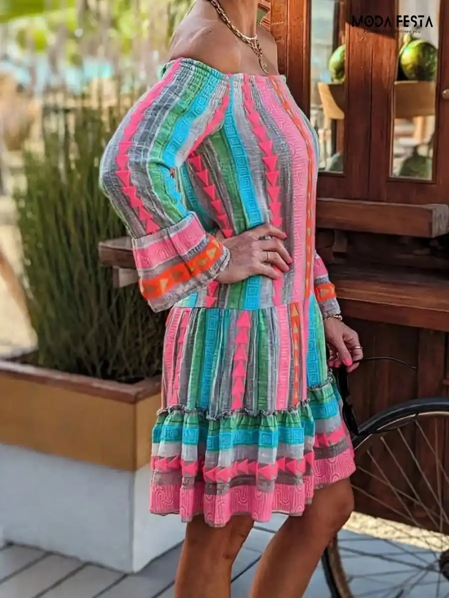 ModaFesta -flared-summer-dress-green-blue-geometric-printed