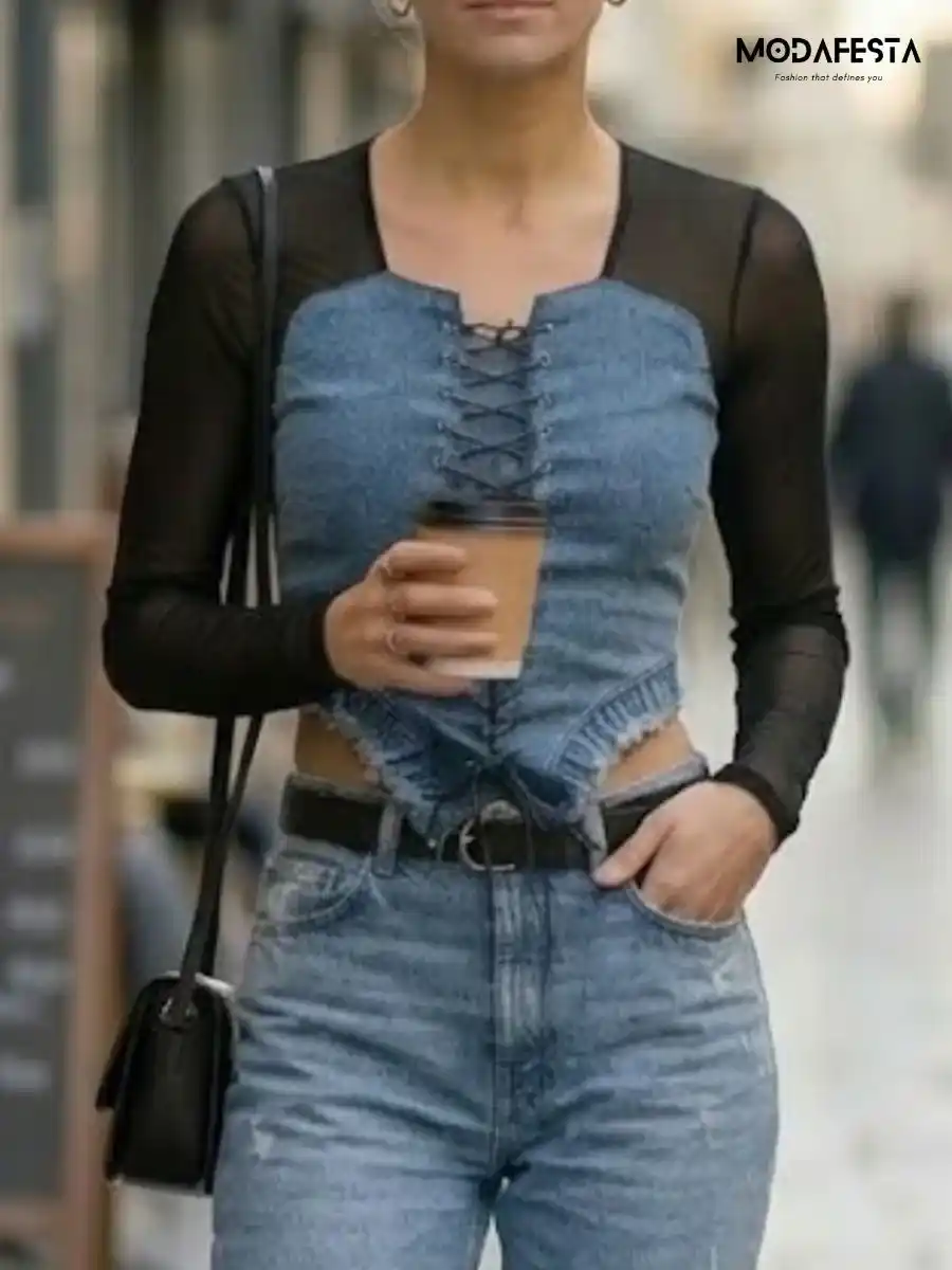 ModaFesta -lace-up-denim-corset-mesh-top-black