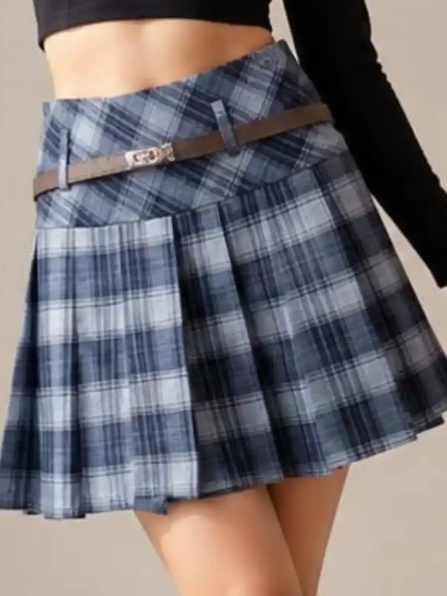 Blue Plaid Pleated Mini Skirt with Belt