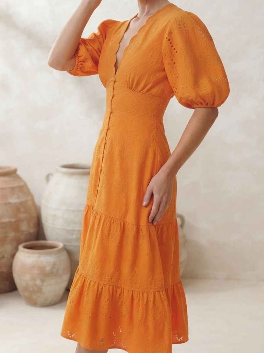 ModaFesta -orange-eyelet-broderie-v-neck-midi-dress
