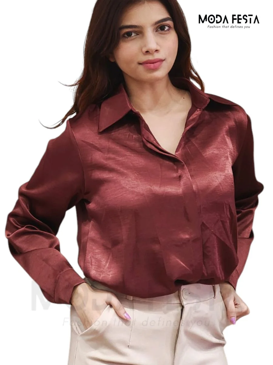 ModaFesta -stylish-plain-satin-shirt-maroon