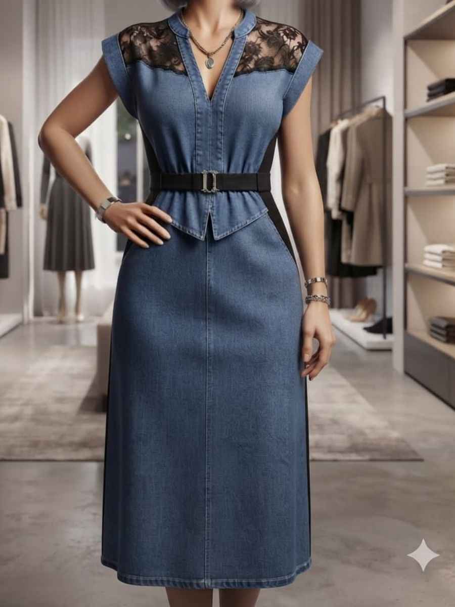 ModaFesta -blue-denim-lace-accent-waist-belt-dress