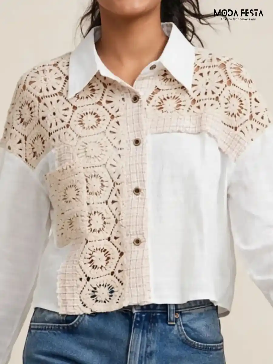 ModaFesta -crochet-patchwork-button-down-shirt