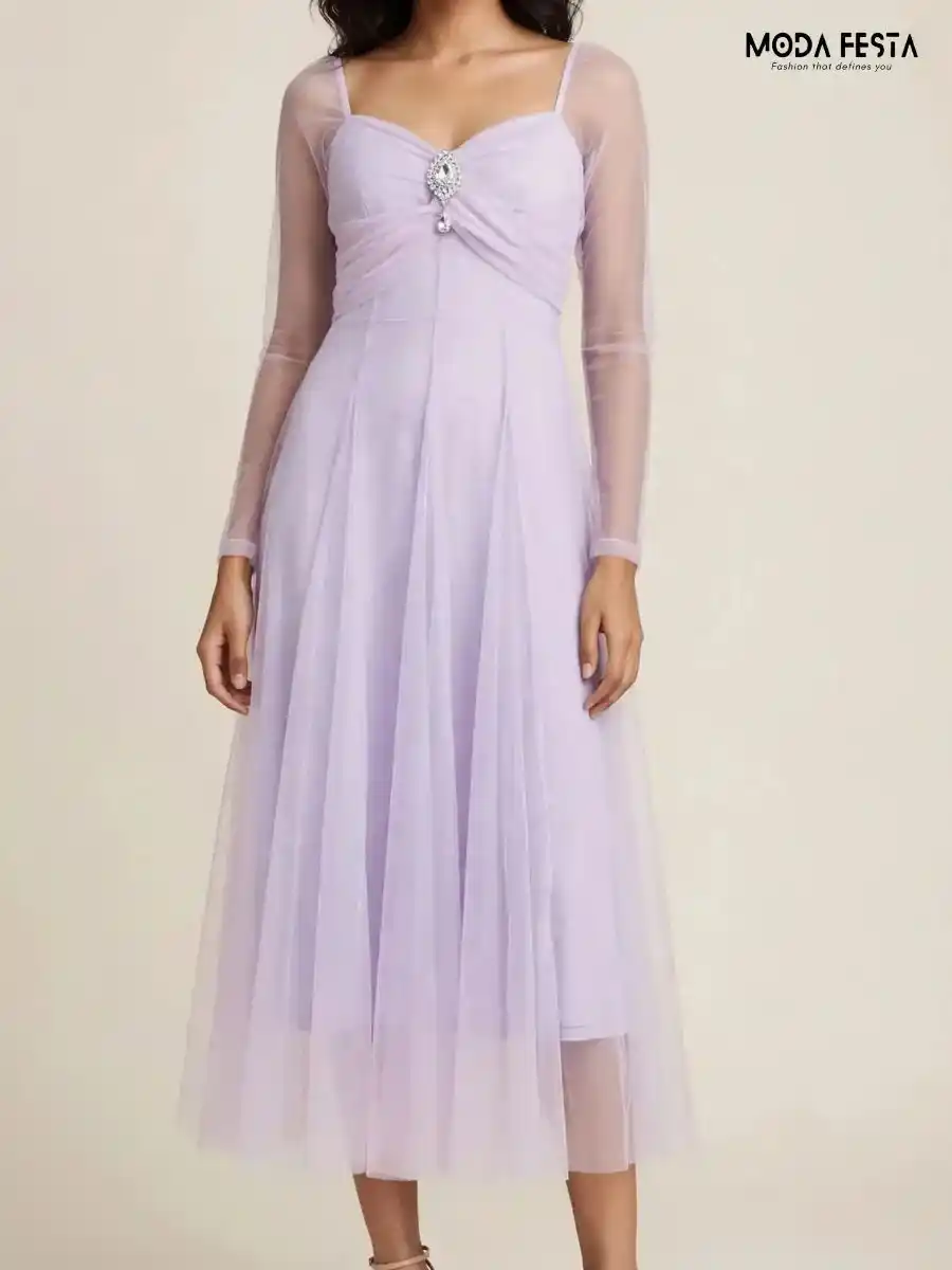 Spegeti Sheer Net Pleated Midi Dress