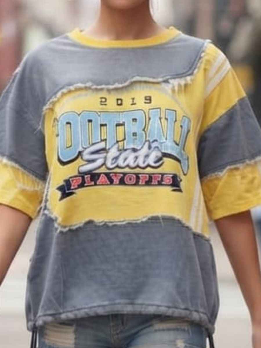 ModaFesta -yellow-grey-football-state-patchwork-oversized-t-shirt