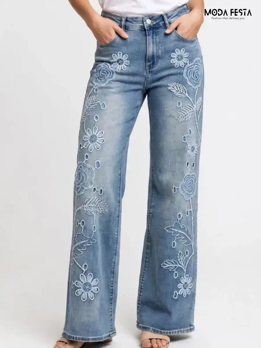 ModaFesta -blue-floral-embroidered-flare-jeans
