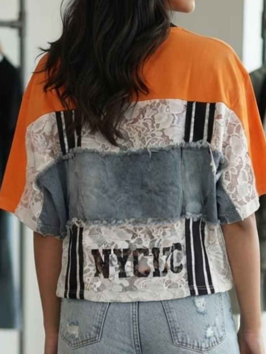 ModaFesta -patchwork-graphic-lace-denim-t-shirt