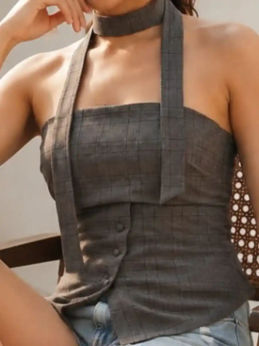 ModaFesta -grey-plaid-halter-neck-asymmetrical-top
