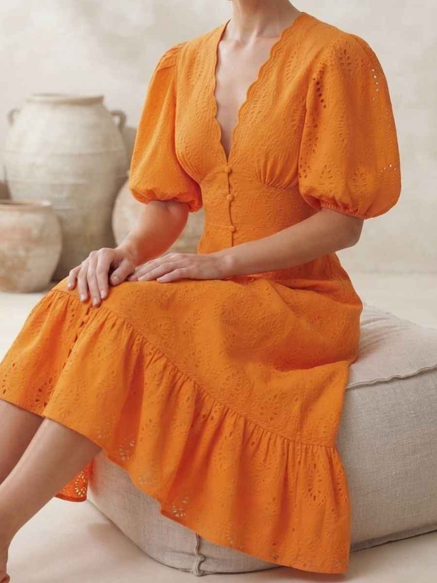 ModaFesta -orange-eyelet-broderie-v-neck-midi-dress