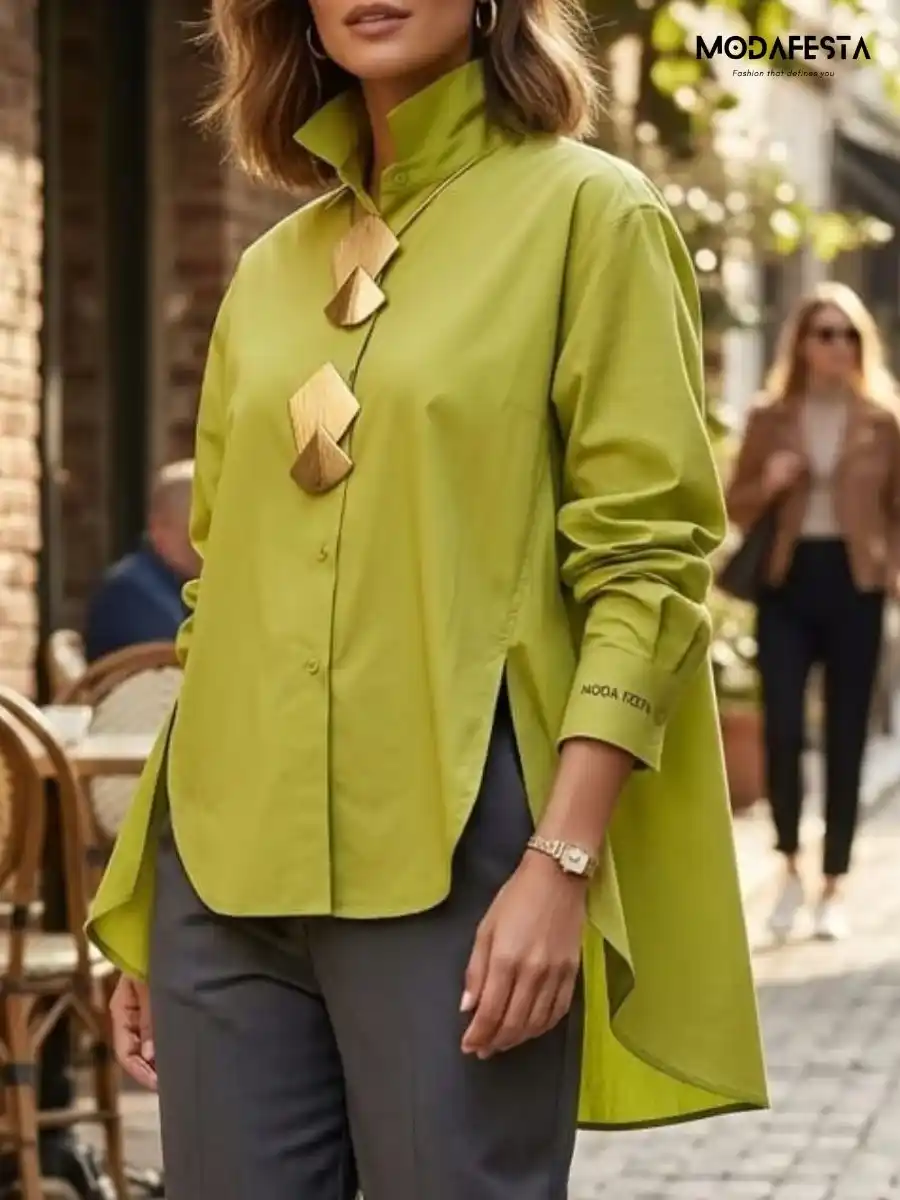 ModaFesta -elegant-high-low-hem-shirt-with-broach-green