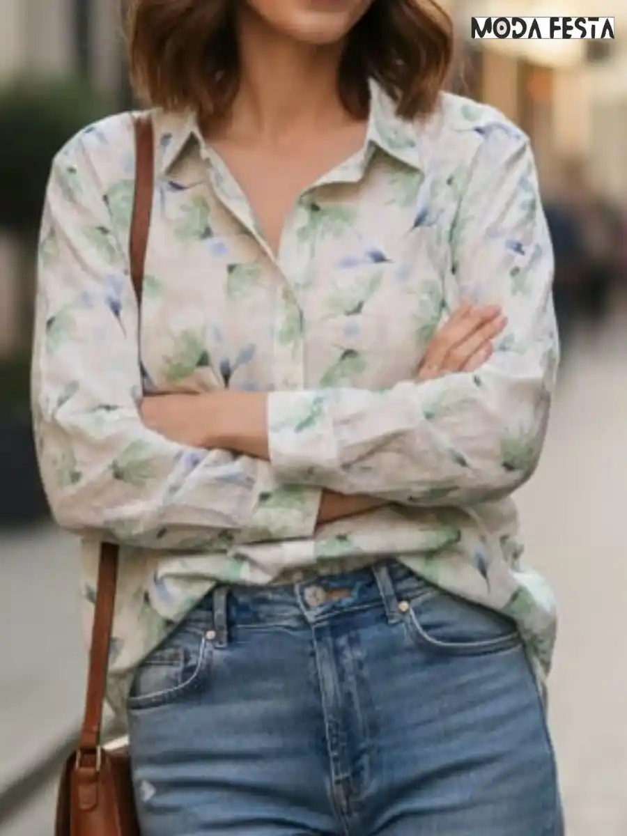 ModaFesta -elegant-floral-print-linen-shirt-beige-green