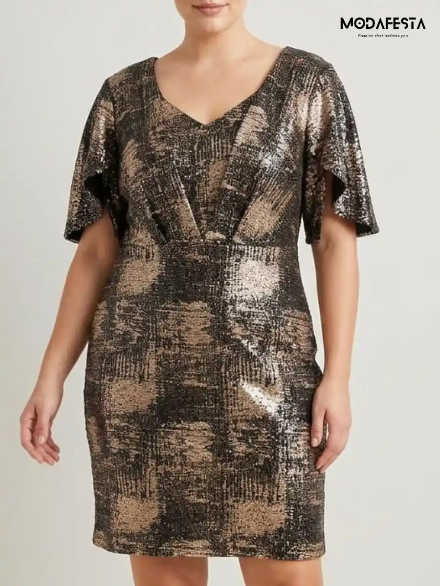 ModaFesta -elegant-gold-and-black-sequin-v-neck-dress