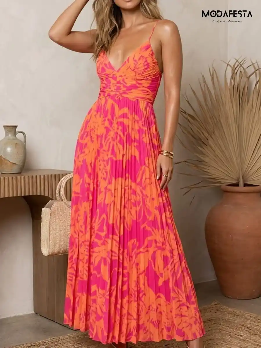 ModaFesta -elegant-pleated-v-neck-maxi-dress-with-side-knot-pink