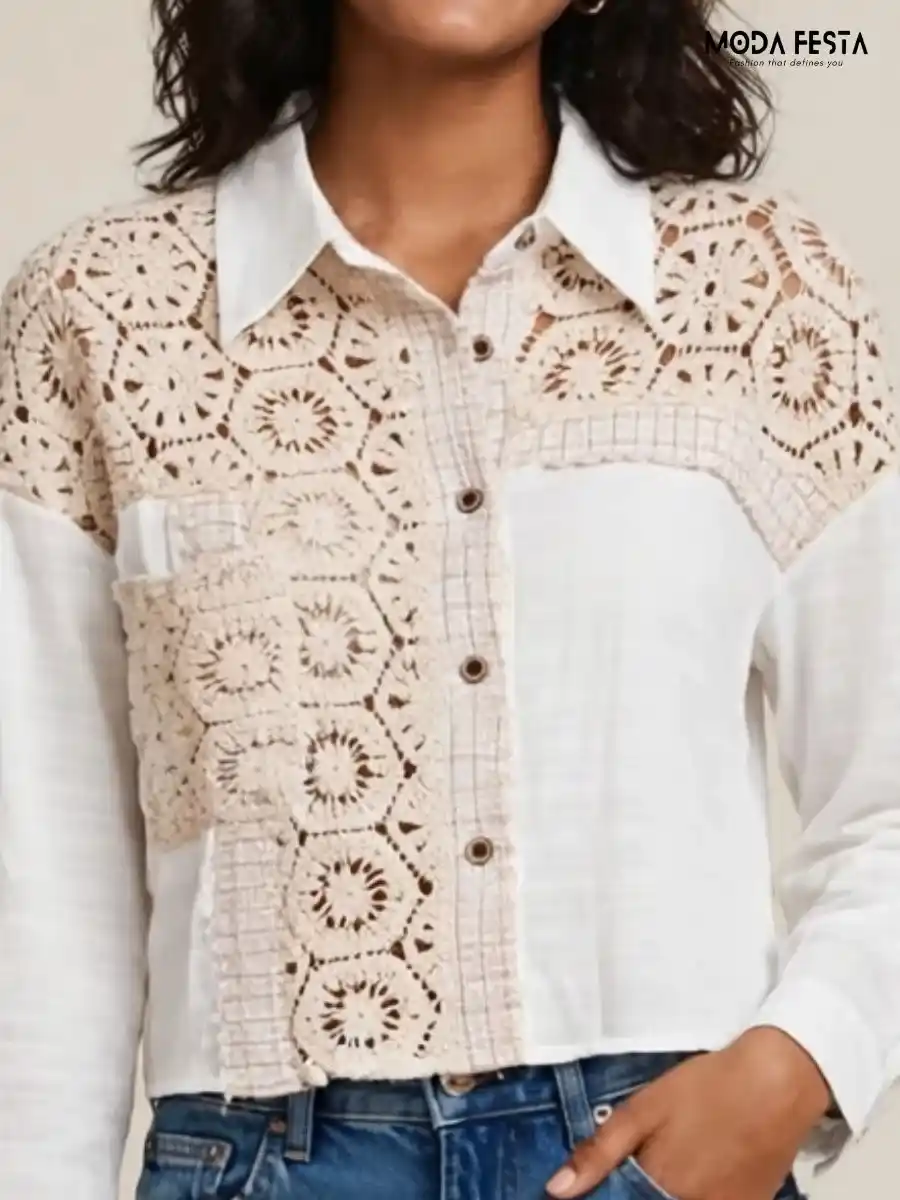 ModaFesta -crochet-patchwork-button-down-shirt