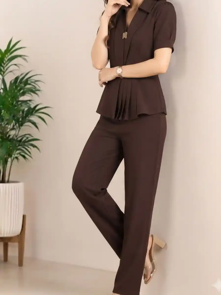 ModaFesta -elegant-solid-brown-pleated-peplum-coord-set