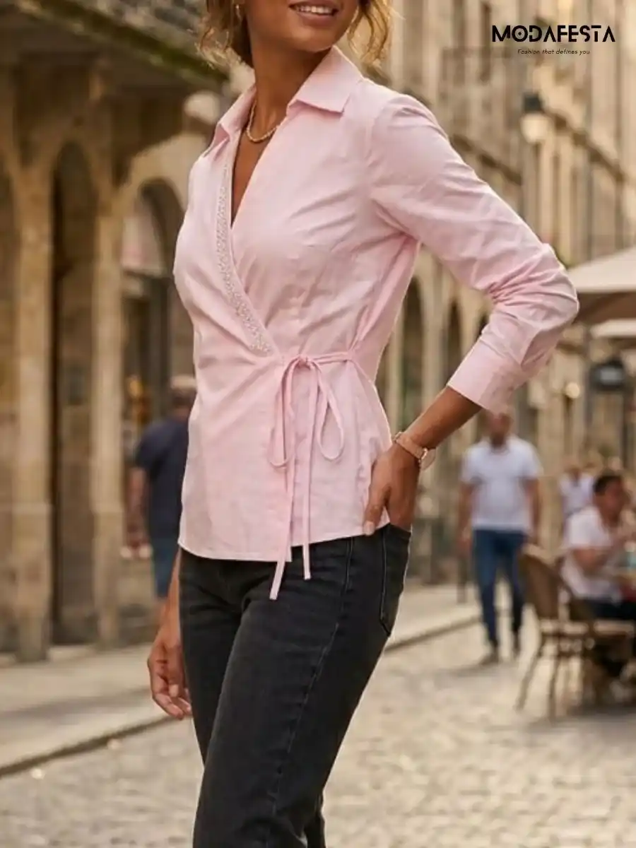 ModaFesta -elegant-v-neck-embellished-wrap-top-pink