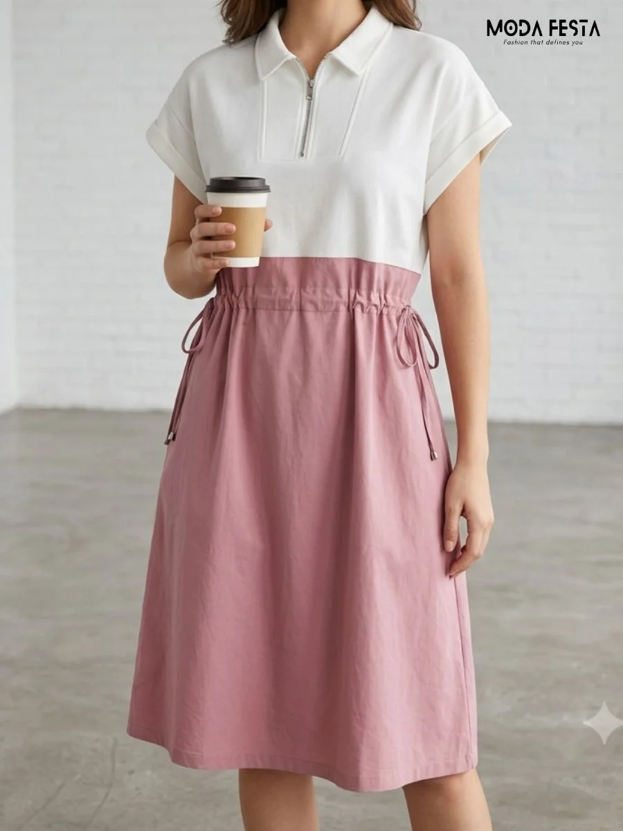 ModaFesta -polo-collar-shirt-dress-or-casual-drawstring-midi-mini-dress