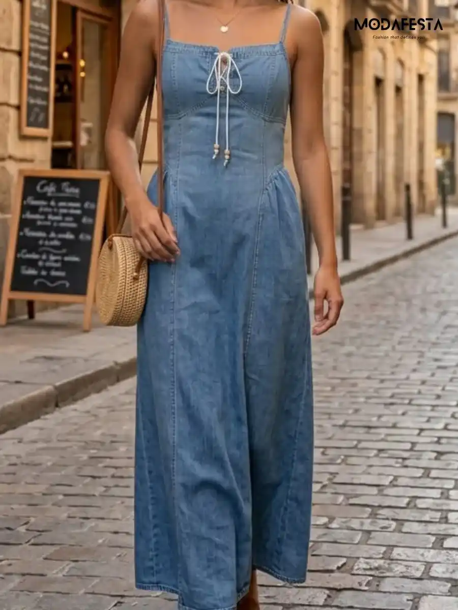 ModaFesta -elegant-a-line-denim-dress-with-shrug-blue