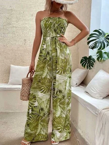 ModaFesta -tropical-print-strapless-jumpsuit-green